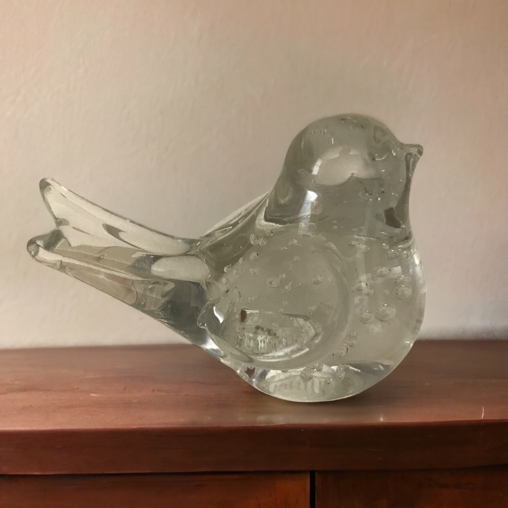 Balos Mouth Blown Art Glass Clear Controlled Bubbles Bird Paperweight